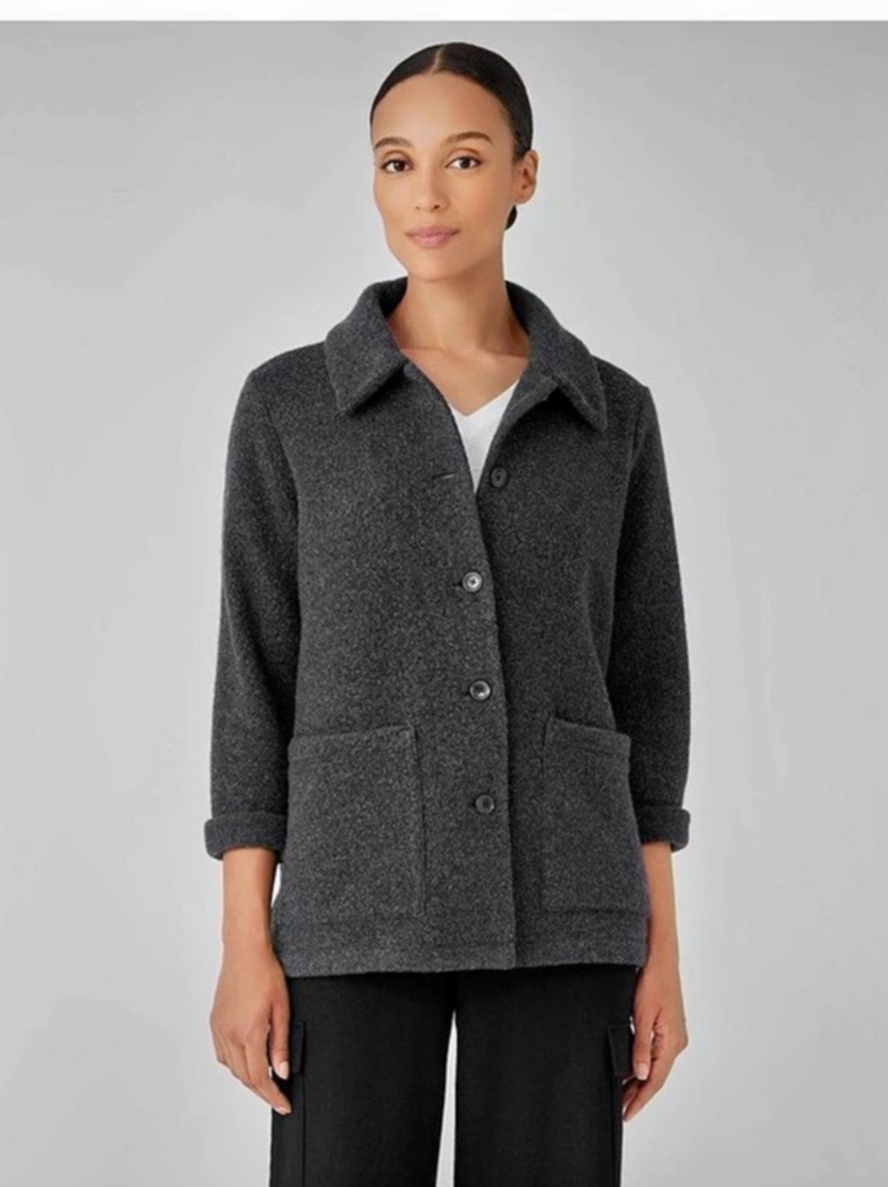 Eileen Fisher Lightweight Boucle Wool Classic Collar Jacket Wool Blend Coat